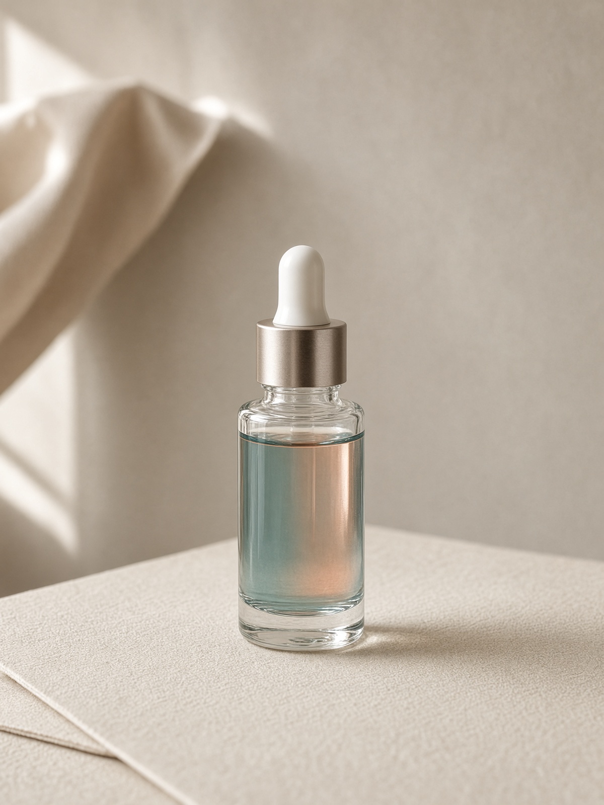 Clear glass dropper vial of pale copper-blue serum on cream paper